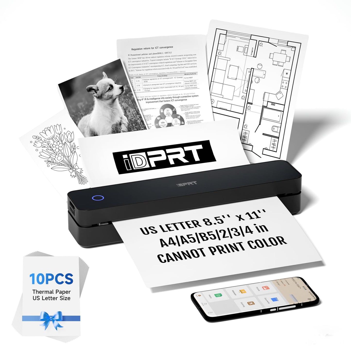 iDPRT Portable Printer Wireless for Travel - Bluetooth Mobile Printer Support for 8.5"x11" US Letter, Inkless Compatible with iOS, Android, Laptop for Office, Car and Home (pro, Black)