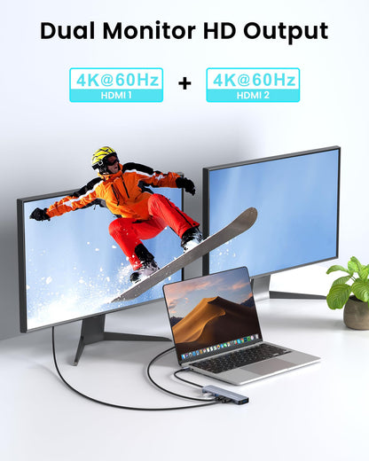 Glomtheia USB C Hub Docking Station Dual Monitor for Laptop, MacBook Air/Pro Dock Adapter Multiport Dongle with 2 HDMI Ports 4K 60Hz, 100W PD Charging, 3 USBA 3.0 & USBC