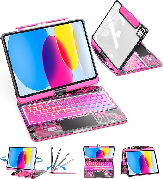 SIBEITU Keyboard Case for iPad A16 11th Gen 11" 2025 & 10th Gen 10.9" 2022, Clear Wireless Keyboard Protective Cover with Multi-Touch Trackpad, 7-Color Backlight & 3-Brightness, 360 Rotatable, Pink