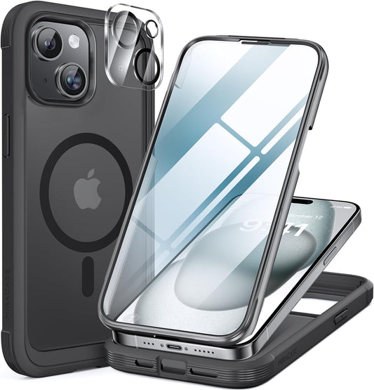Miracase for iPhone 13 Case 6.1'',Full-Body Magnetic Clear Bumper Case with Built-in 9H Tempered Glass Screen Protector,Military Drop Protection Outdoor Phone Case — iPhone 15 Plus
