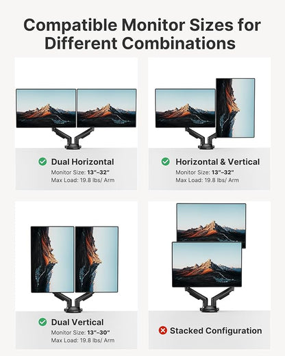 HUANUO Dual Monitor Stand - Full Adjustable Monitor Desk Mount Swivel Vesa Bracket with C Clamp, Grommet Mounting Base for 13 to 32 Inch Computer Screens - Each Arm Holds 4.4 to 19.8lbs