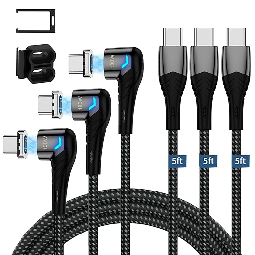 ZBF 100W USB C Magnetic Charging Cable, Right Angle Magnetic Phone Charger Cable(3 Pack, 5/5/5FT) 5A Fast Charging for Mac-Book Pro/Air, Pad Pro,Phone 17 16,14,13 Pro Max Galaxy S22