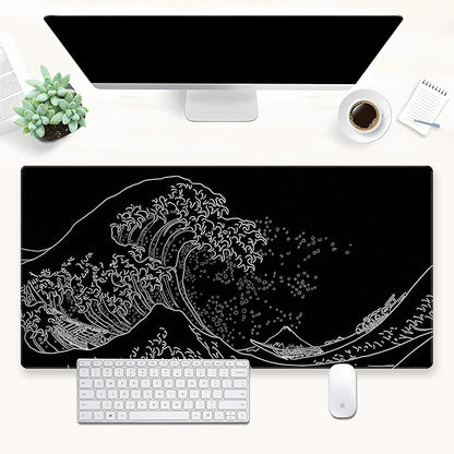 Japanese Great Wave Off Kanagawa Gaming Mouse Pad - XL Extended Ukiyo-e Art Desk Mat, Non-Slip Waterproof Rubber Base & Stitched Edges, 31.5 x 15.7 Inch Large Computer Mousepad
