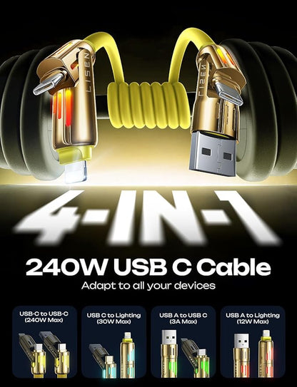 LISEN 6.6FT 240W 4-in-1 Multi Charging Cable, USB A/C to C/L, Yellow, for iPhone 16/15/14 Pro Max/MacBook/iPad Pro/Samsung Galaxy
