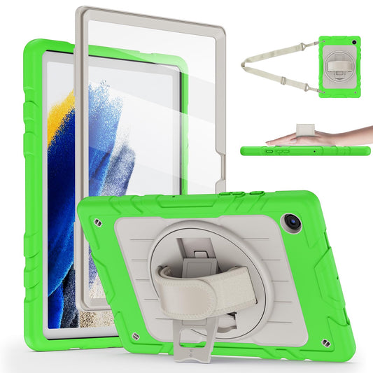 Stweap for Samsung Galaxy Tablet A8 Case 10.5 inch 2022 SM-X200/X205/X207 with Screen Protector [360 Rotating Stand] &Hand Shoulder Strap Shockproof Rugged Protective Cover|Green&Beige