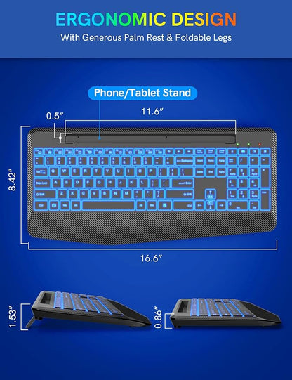 Wireless Keyboard with 7 Colored Backlits, Wrist Rest, Phone Holder, Rechargeable Ergonomic Computer Keyboard with Silent Keys, Full Size Lighted Keyboard for Windows, MacBook, PC, Laptop (Black)
