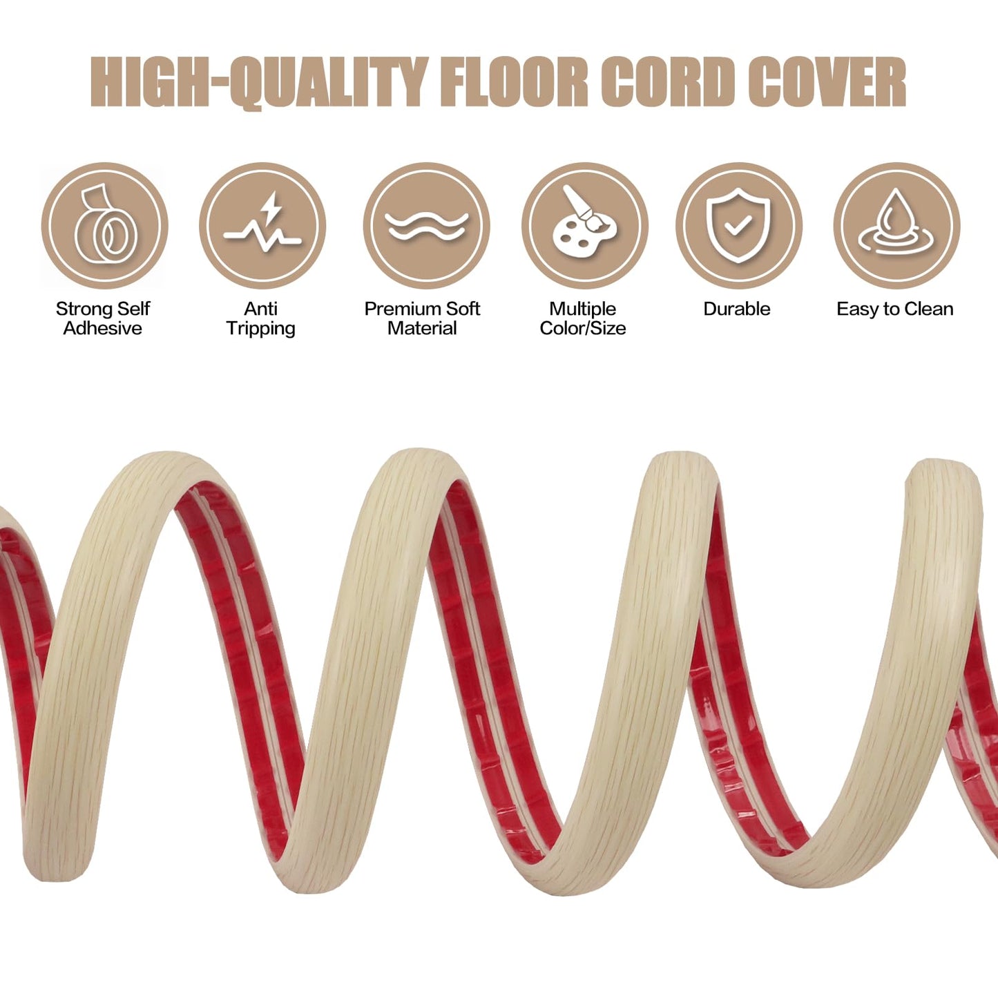 Floor Cord Cover Cavity 0.8"x0.37" Self Adhesive Cord Hider, 10FT Low Profile Cable Management, Extension Strip Protector for Wires, Prevent Cable Trips for Offices, Gyms, Exhibitions (Yellow Wood