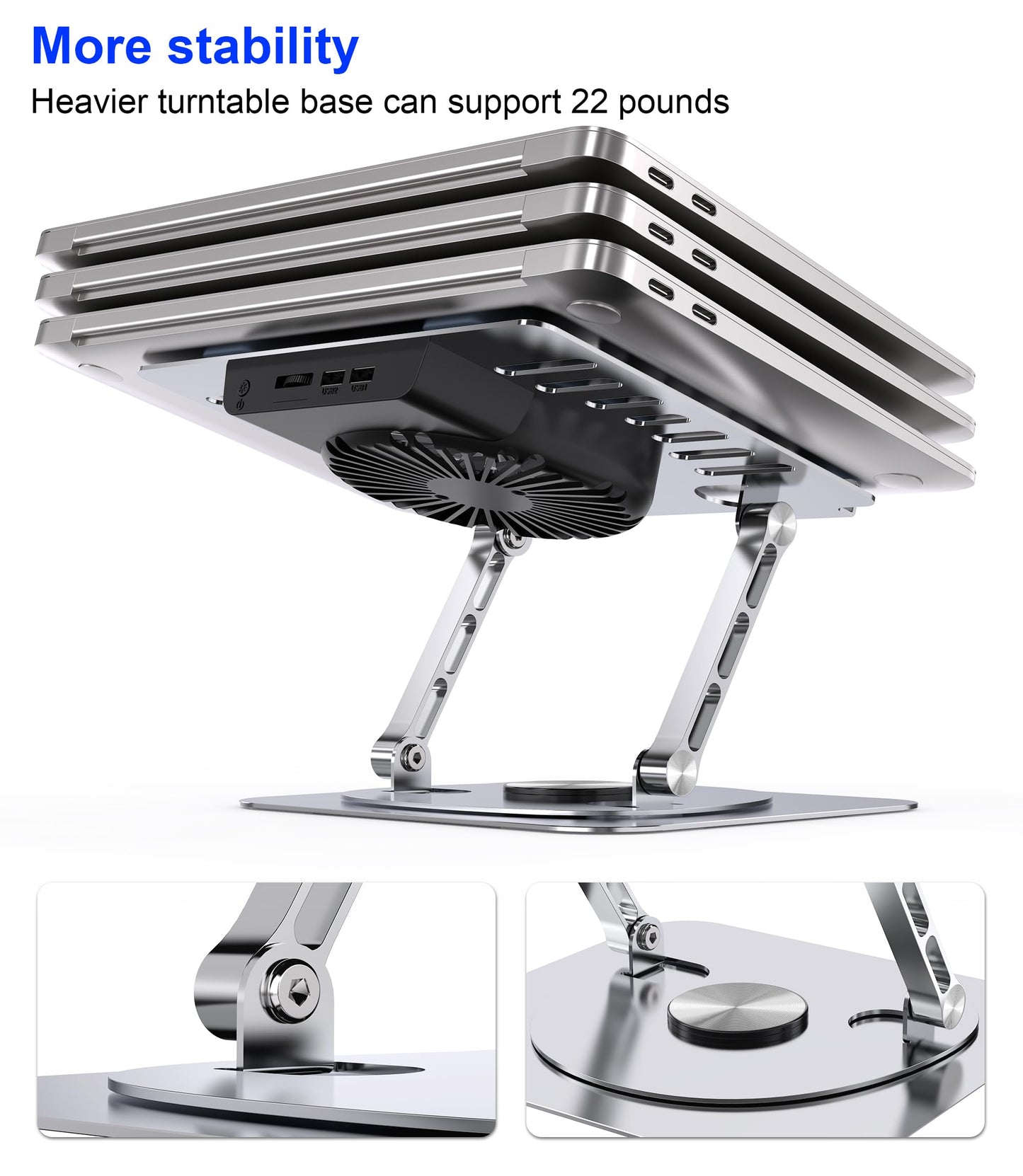 YTech Laptop Stand,with 360°Rotating Base,External Cooling Fan,Adjustable RGB Lighting,Ergonomic Foldable Notebook Computer Holder.Compatible with All 10-17" Laptops Tablets,Silver