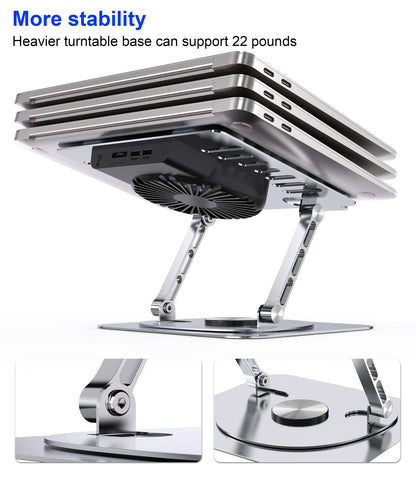 YTech Laptop Stand,with 360°Rotating Base,External Cooling Fan,Adjustable RGB Lighting,Ergonomic Foldable Notebook Computer Holder.Compatible with All 10-17" Laptops Tablets,Silver