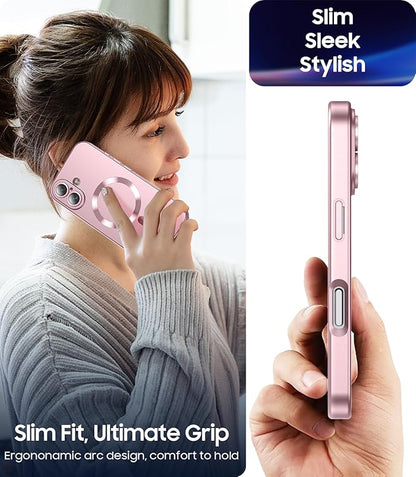 Magnetic for iPhone 16 Plus Case [Compatible with MagSafe][Built-in Camera Lens Protector] Slim Soft Silicone Bumper Shockproof Metallic Luster Phone Case (Rose Gold)
