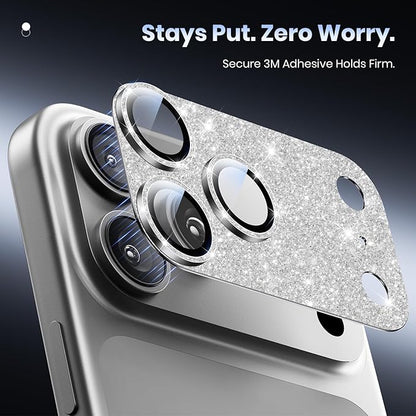 Hoerrye for iPhone 17 Pro Camera Lens Protector - [12FT Shatterproof Military Grade] [Strong Adsorption] Metal Top 9H+ Tempered Glass Camera Screen Full Cover Case Friendly,Glitter Silver