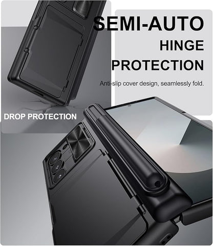 for Samsung Galaxy Z Fold 6 Case with Card Holder & S Pen Holder & Slide Camera Cover, Built-in Hinge Protection & Screen Protector, Durable Wallet Phone Cover Case for Z Fold 6 5G 2024, Black