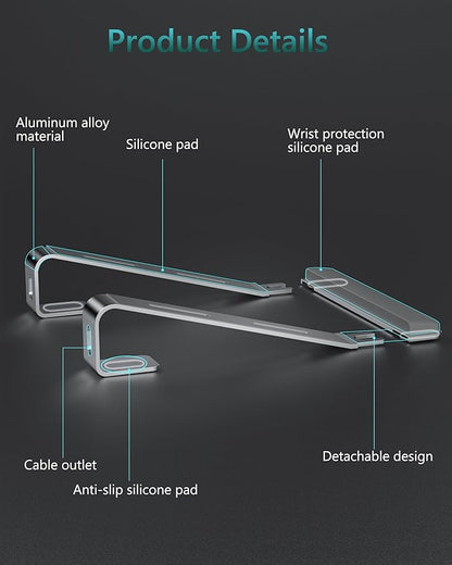 Aluminum Laptop Stand, Notebook Stand with Wrist Rest, Ergonomic Detachable Laptop Mount, Computer Stand Compatible with 10-17'' All Laptops Such as MacBook Air Pro/HP/Dell/Lenovo, Silver