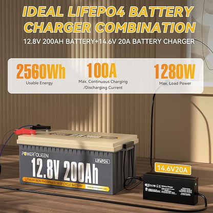 Power Queen 12.8V 200Ah LiFePO4 Battery with 14.6V 20A LiFePO4 Battery Charger; Built-in 100A BMS, Fully Charged Capacity, 2560Wh Energy, Perfect for RV, Camping, Solar System, Power Outage
