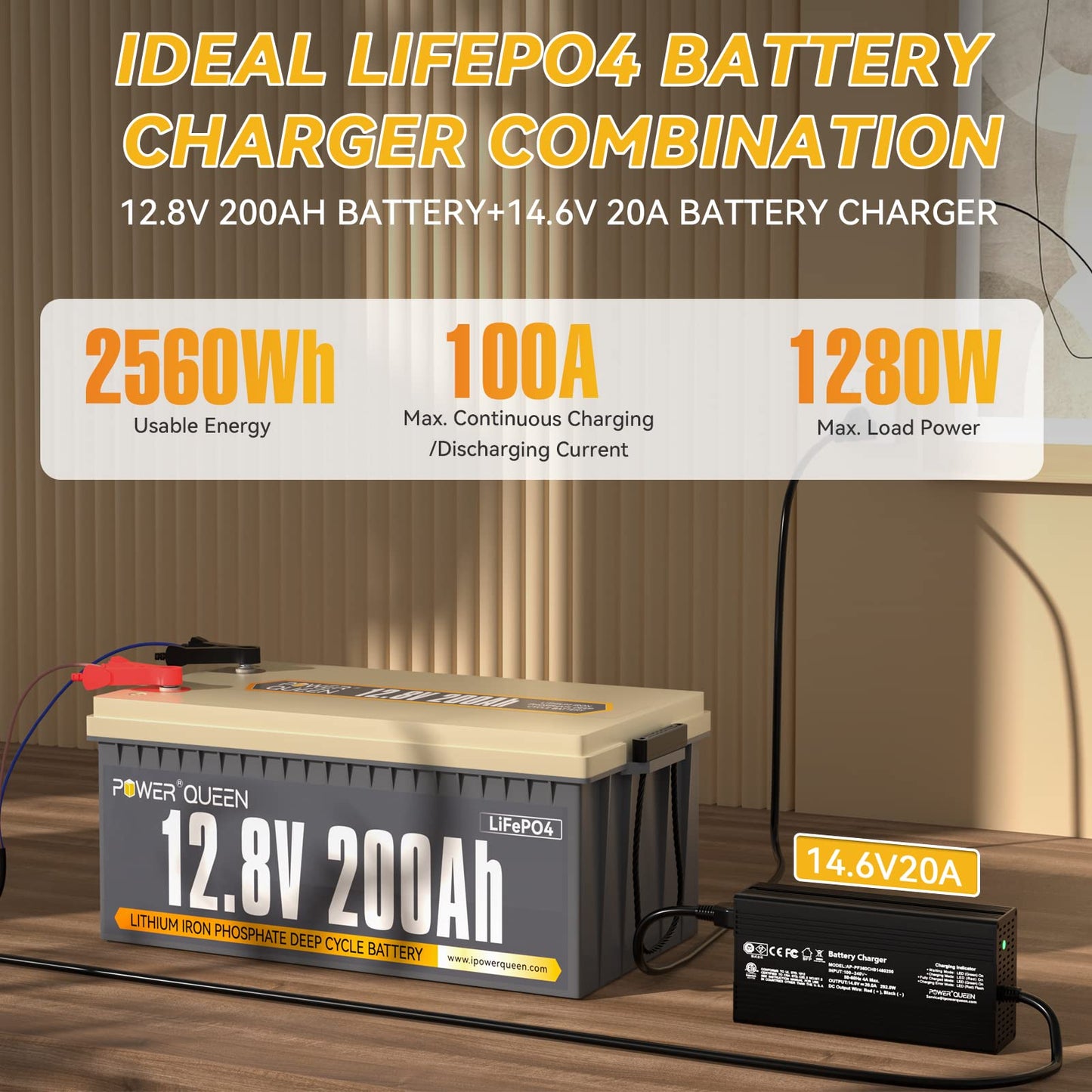 Power Queen 12.8V 200Ah LiFePO4 Battery with 14.6V 20A; Built-in 100A BMS, Fully Charged Capacity, 2560Wh Energy, Perfect for RV, Camping, Solar System, Power Outage