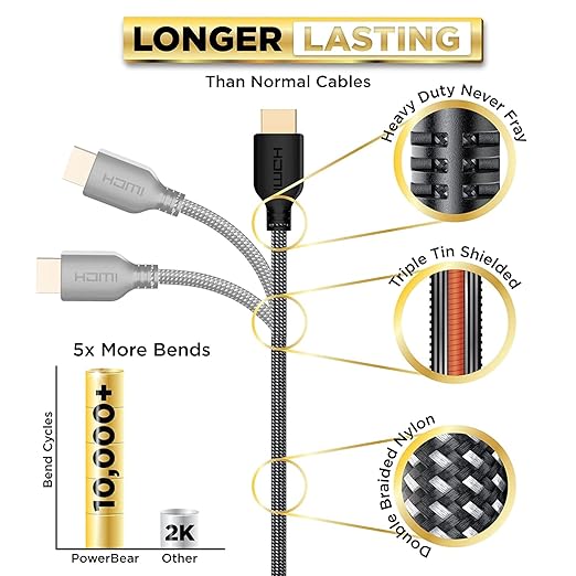 PowerBear 4K HDMI Cable 10 ft | High Speed Hdmi Cables, Braided Nylon & Gold Connectors, 4K @ 60Hz, Ultra HD, 2K, 1080P, ARC & CL3 Rated | for Laptop, Monitor, PS5, PS4, Xbox One, Fire TV, & More