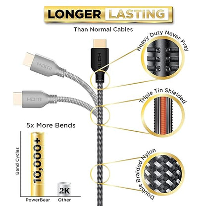 PowerBear 4K HDMI Cable 3 ft | High Speed Hdmi Cables, Braided Nylon & Gold Connectors, 4K @ 60Hz, Ultra HD, 2K, 1080P, ARC & CL3 Rated | for Laptop, Monitor, PS5, PS4, Xbox One, Fire TV, & More