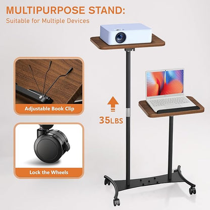 2 Shelves Projector Stand, Mobile Laptop Cart on Wheels Projector Stand Adjustable Height 20 to 53 Inches, Overbed Table with 5 Lockable Casters, Rolling Laptop Floor Stand for Couch