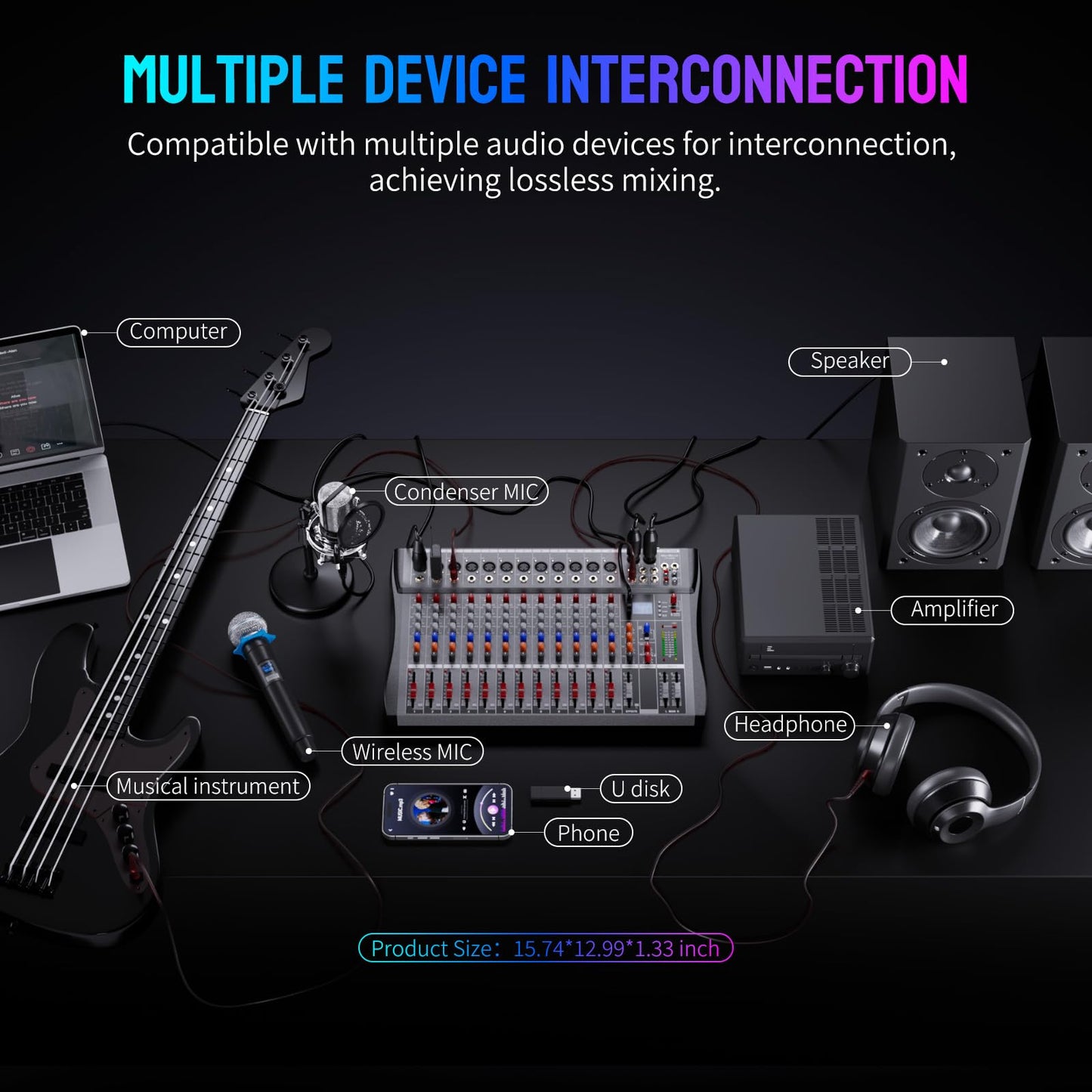 Professional DJ Audio Mixer, 12 Channel Audio Mixer, Bluetooth Sound Mixer, USB Interface, 12 XLR Mic/Line Input, AUX, FX Processor MP3, Headphone,+48V Phantom For Karaoke Studio Streaming Recording