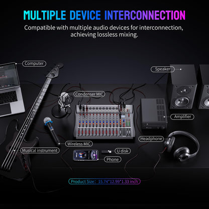 Professional DJ Audio Mixer, 12 Channel Audio Mixer, Bluetooth Sound Mixer, USB Interface, 12 XLR Mic/Line Input, AUX, FX Processor MP3, Headphone,+48V Phantom For Karaoke Studio Streaming Recording