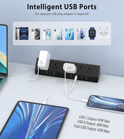 45W Fast Charging Station,Desk Clamp Power Strip,4 PD USB-C Ports,5 AC Outlets,Surge Protector Power Strip, 14AWG Heavy Duty Cord, Fits 1.9" Tabletop Edge (Black, 10 FT Cable)
