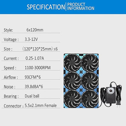 120mmx6 720mm Adjustable Computer PC Vent Fans 3V-12V Speed Controller for Flexible Arrange Cabinet Rack Space Window Wall Server Mining Rig Chicken Coop Exhaust Cooling