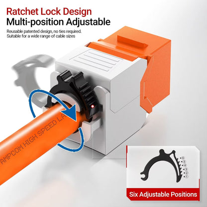AMPCOM CAT6 RJ45 Keystone Jack - Reusable UTP Ethernet Wall Jack with Adjustable Ratchet Lock Design, No Tool and Zip Tie Required - 50u Gold Plated - Orange (2-Pack)