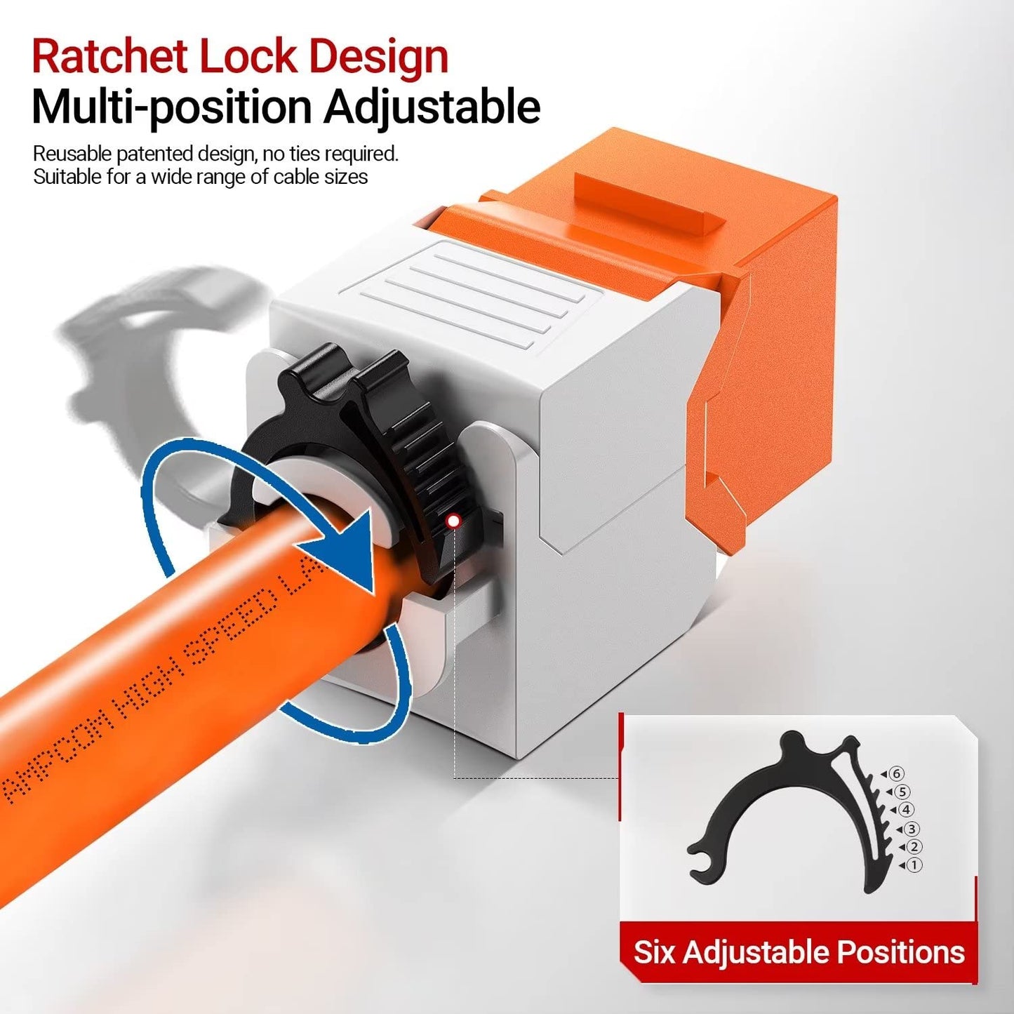 AMPCOM CAT6 RJ45 Keystone Jack - Reusable UTP Ethernet Wall Jack with Adjustable Ratchet Lock Design, No Tool and Zip Tie Required - 50u Gold Plated - Orange (2-Pack)