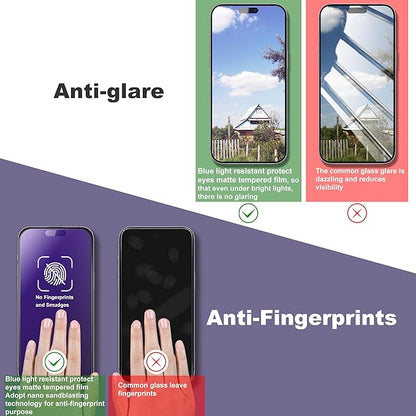 2 Pack Anti Blue Light Matte Screen Protector for iPhone 14 Pro/iPhone 15 / iPhone 16, 9H Tempered Glass, Full Coverage, Anti-Fingerprint, Auto Dust-Elimination, No Bubble, Easy Installation