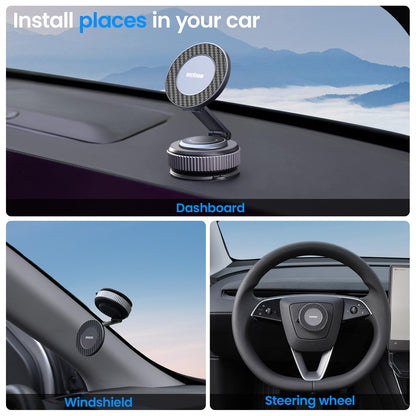 BEEGROW Magnetic Car Phone Holder for Magsafe, Alloy 360° Folding Cell Car Phone Mount with Ultra Stable Suction Cup and Reusable Gel, Dashboard Windshield Stand for iPhone 17-12 Android Pixel Samsung