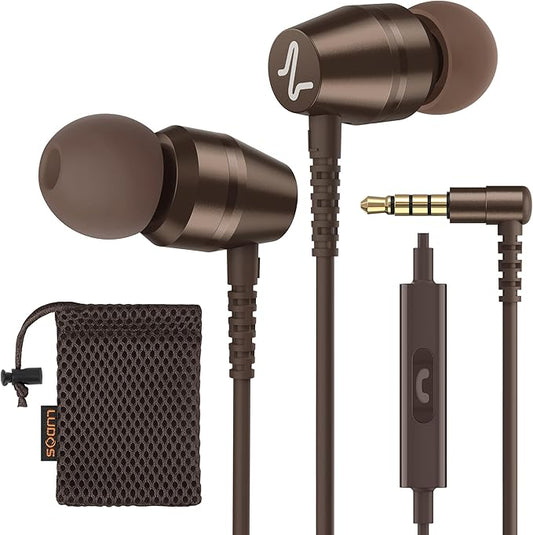 LUDOS OMNITONE Wired Earbuds in-Ear Headphones, 5 Year Warranty, Earphones with Microphone, 3.5 mm Jack Corded Ear Buds, Videoconference for iPhone, Samsung, Laptop, Kids, School Students - Brown