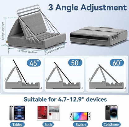 KDD Tablet Pillow Holder, Foldable iPad Stand for Lap, Bed and Desk -Tablet Soft Pad Dock with Pocket & Stylus Mount Compatible with iPad Pro 12.9, 10.5, 9.7 Air Mini 6 5 4 3, Galaxy Tab, E-Reader