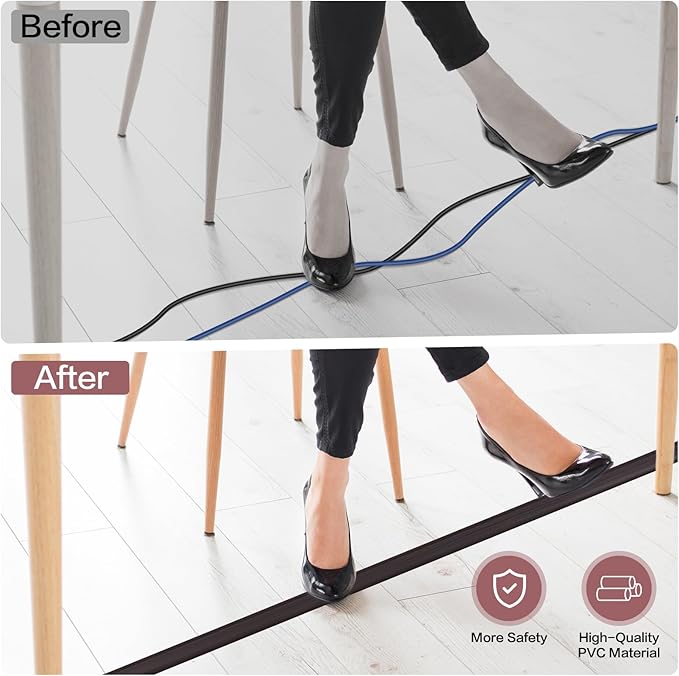 Floor Cord Cover Self Adhesive Cord Hider Floor Extension Cord Covers for Floor Power Cord Protector Cable Management Prevent Cable Trips Cable Cavity 0.51" W x 0.31" H (Dark Walnut, 20Ft)