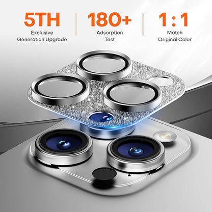 Camera Lens Protector for iPhone 16 Pro Max/16 Pro/15 Pro Max/15 Pro/14 Pro Max/14 Pro, Aluminum Alloy Sapphire Glass Camera Screen Cover, Case Friendly- Glitter White