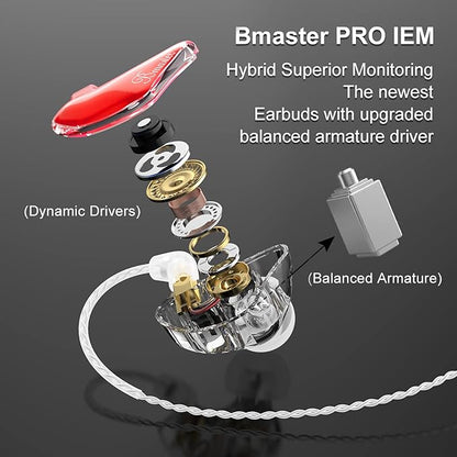 BASN in-Ear Monitors, Bmaster Triple Driver HiFi Stereo Noise-Isolating IEM Headphones with Enhanced Bass for Drummers Musicians (PRO Red/Blue)