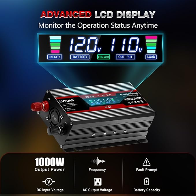 LVYUAN 1000W Car Power Inverter 12V to 110V DC to AC with 2 US Sockets, Cigarette Lighter, LCD Display, USB Ports for Car, Home,Outdoor, Camping