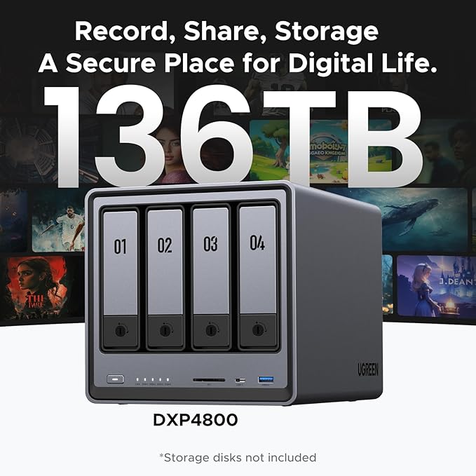 UGREEN NASync DXP4800 4-Bay Desktop NAS, Intel N100 Quad-core CPU, 8GB DDR5 RAM, 32G eMMC, 2X 2.5GbE, 2X M.2 NVMe Slots, 4K HDMI, Network Attached Storage (Diskless)