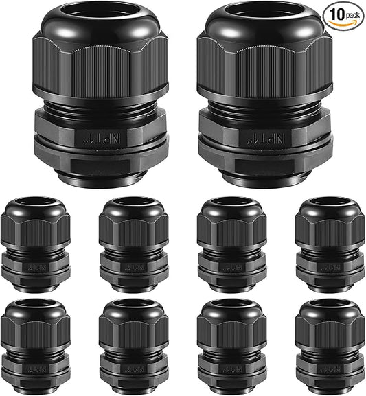 10 PCS 1"(17-25mm) NPT Nylon Cable Gland Joints with Gaskets, IP68 Adjustable Lock Nut Strain Relief Cord Grip Waterproof Cable Glands - UL Listed and RoHS Compliant