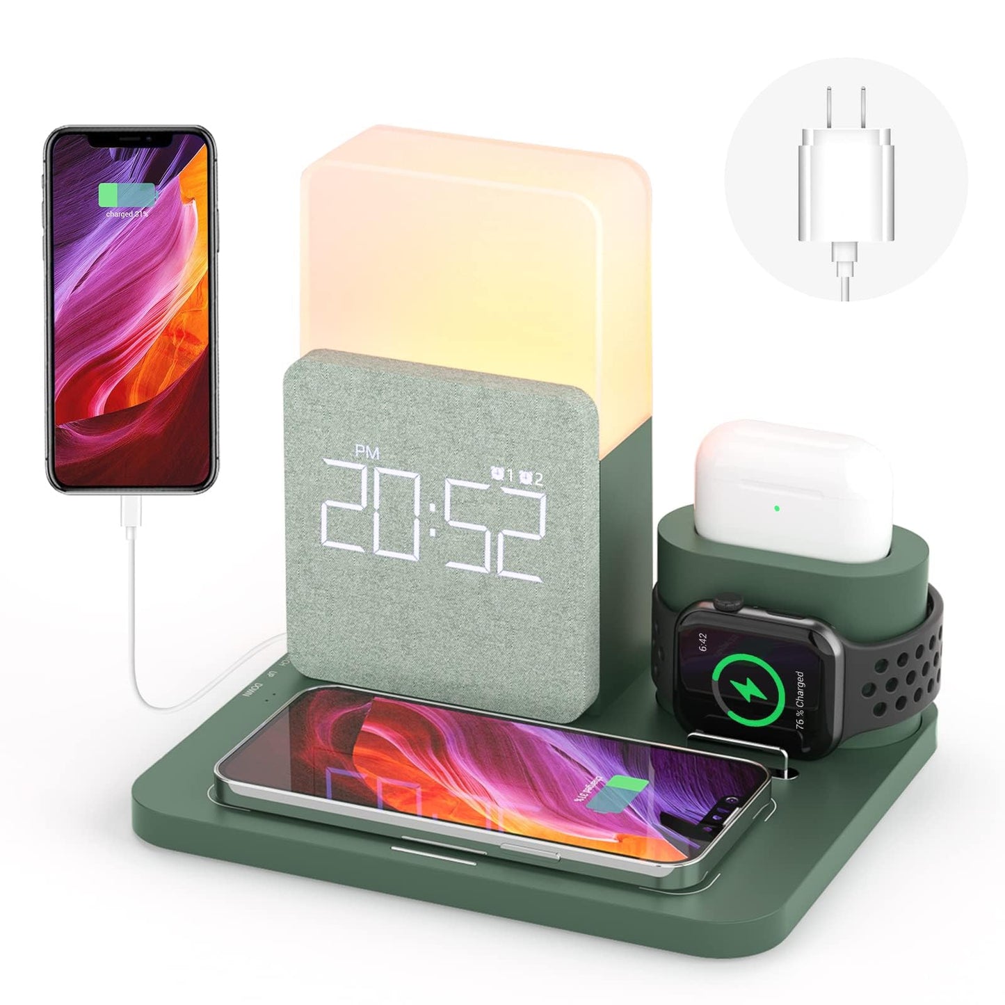 Wireless Charging Station, iPhone 3 in 1 Fast 15W Wireless Charger with Alarm Clock and Night Light, Charging Dock for iPhone 12/13/14/15/16/17 Pro/Pro Max, Samsung, AirPods