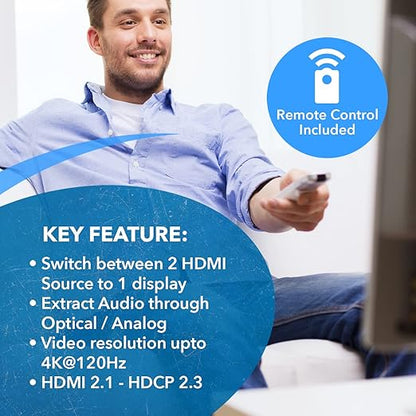 OREI 8K HDMI 2.1 Switch 4K@120hz Switcher 2 in 1 Out, with Audio Extraction 48Gbps Bandwidth, Ideal for Gaming and Streaming (BK-21A)