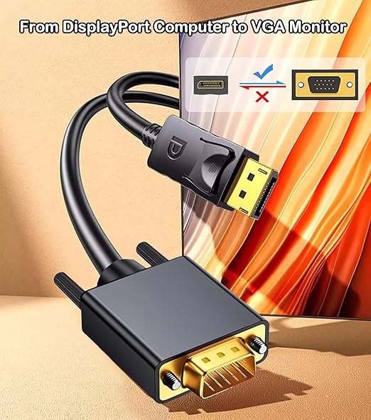 DisplayPort to VGA Cable 6FT, Display Port DP to VGA Adapter, 1080P@60Hz Video Cord from Laptop/Computer (DP) to Monitor/Projector (VGA), (Not Bidirectional, Not for HDMI or USB)