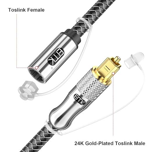 EMK Optical Cable Extension, 24K Gold-Plated Optical Audio Cable Toslink Female to Male Audio Extended Cable Compatible for Sound Bar (1.5 Feet/0.5M, Optic Extension, Silver2)