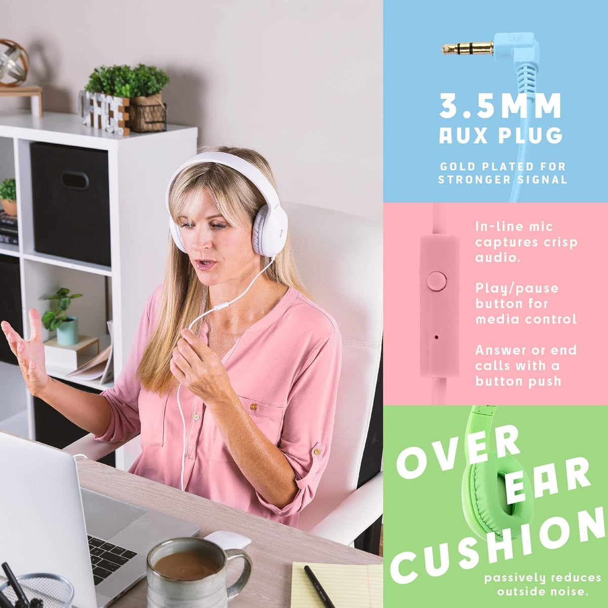 Classroom Headphones-Bulk 10-Pack, with Microphone Student On Ear Comfy Swivel Earphones for Library, School, Airplane, Kids-for Online Learning and Travel, HQ Stereo Sound 3.5mm Jack (Colored Set)
