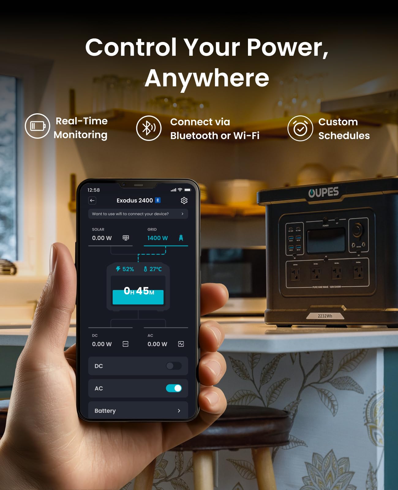 OUPES Exodus 2400 Solar Generator with a 240W Panel, 2400W / 2160Wh Portable Power Station with APP Control & UPS for RV, Home Backup, Professional Outdoor Use