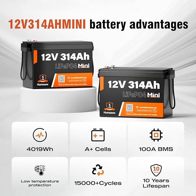 12V 314Ah LiFePO4 Lithium Battery Max. 4019Wh Energy, 15000+ Deep Cycles,100A BMS Lithium Iron Phosphate Rechargeable Battery Great for RV, Marine and Off Grid Applications, 4 PACK