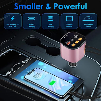 Retractable Car Charger,5 in 1 Fast Car Phone Charger 90W,Bluetooth 5.3 FM Transmitter Adapter,Handsfree Call,2 Retractable Cables and USB Cars Chargers for iPhone 15/14/13 (Pink)