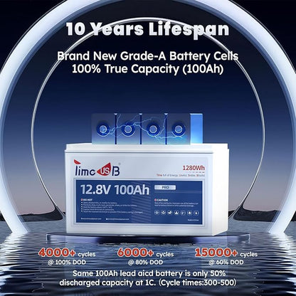 12V 100Ah Pro LiFePO4 Battery, 12 volt Lithium Battery with 100A BMS, Grade A Battery Cells, Up to 10 Years Lifespan, Perfect for RV, Trolling Motor, Off-grid Applications, Group 31