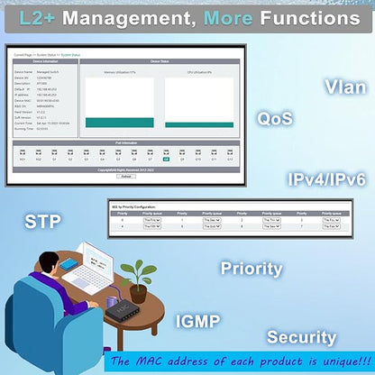 Industrial L2+ Managed 8 Port PoE Ethernet Switch with 2 SFP Slot, Gigabit Networking Switch with IPv4/IPv6 Management and DIP Switch, Supporting Din-Rail