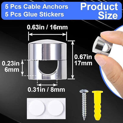 SmallCat 5 Sets Charger Holders for Cords, Silver Adjustable Cable Anchor Holders, Adhesive Metal Cord Clips, Cable Management Wire Organizers for Desk, Office, Nightstand