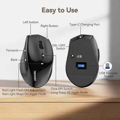 TECKNET Wireless Mouse Jiggler, USB-C Rechargeable Mouse, Silent Mouse Quiet Click, Build-in Mouse Mover, 6400 DPI Ergonomic Mouse, 2.4G Cordless Computer Mice for Mac, Laptop, Desktop, PC